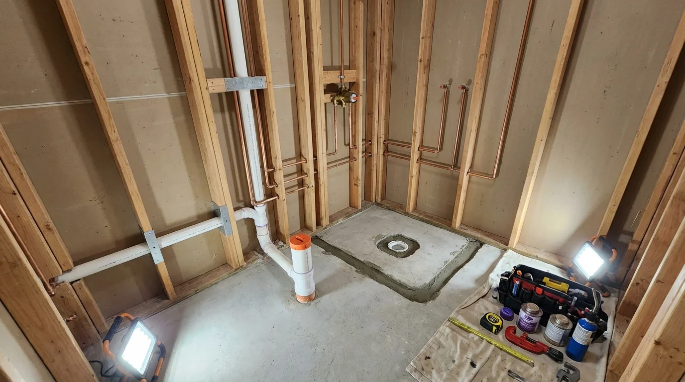 Bathroom rough-in plumbing during remodel by Johns Plumbing LLC in Alvarado