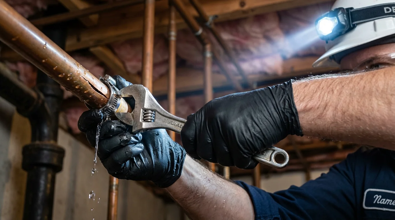 Emergency pipe clamp repair being performed by a Johns Plumbing LLC plumber in Alvarado
