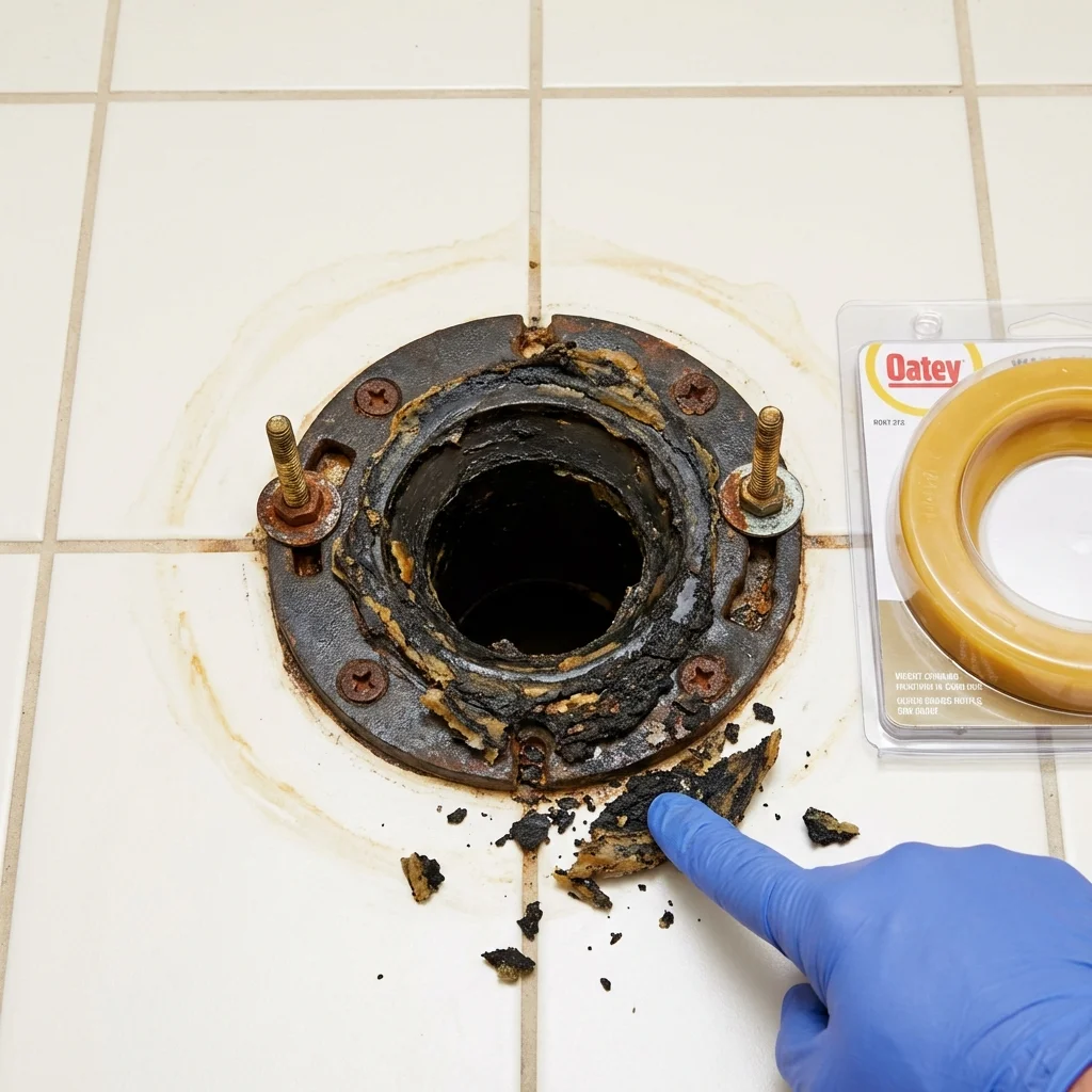 Failed wax ring showing water seepage at the base of a toilet in a Alvarado, TX home