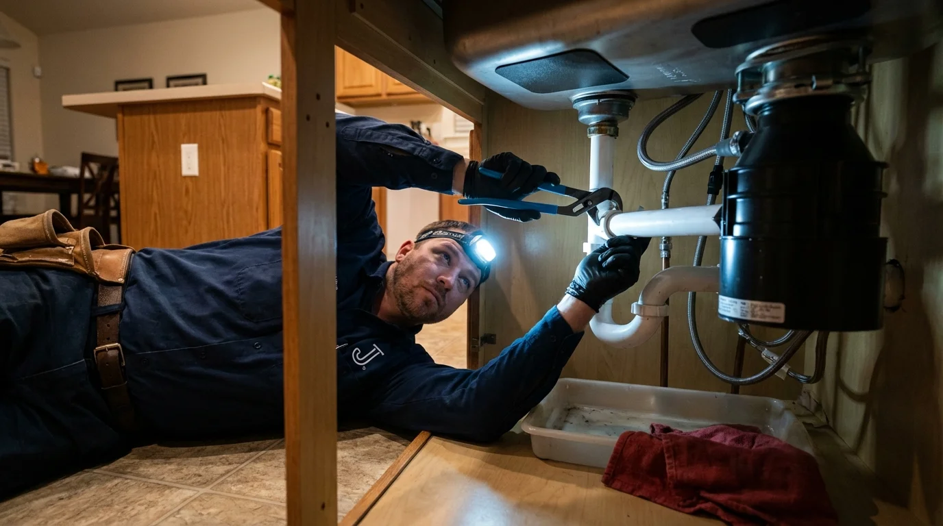 P-trap and supply line connections under a kitchen sink showing a common leak point in Alvarado, TX